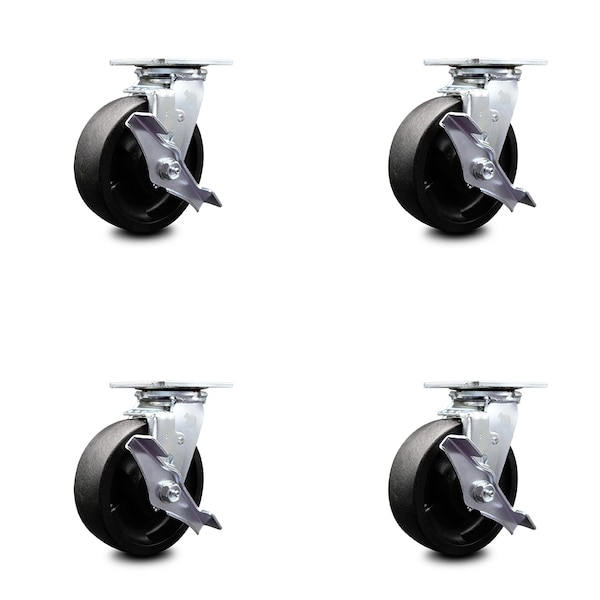 6 Inch Glass Filled Nylon Caster Set with Roller Bearings and Brake/Swivel Lock